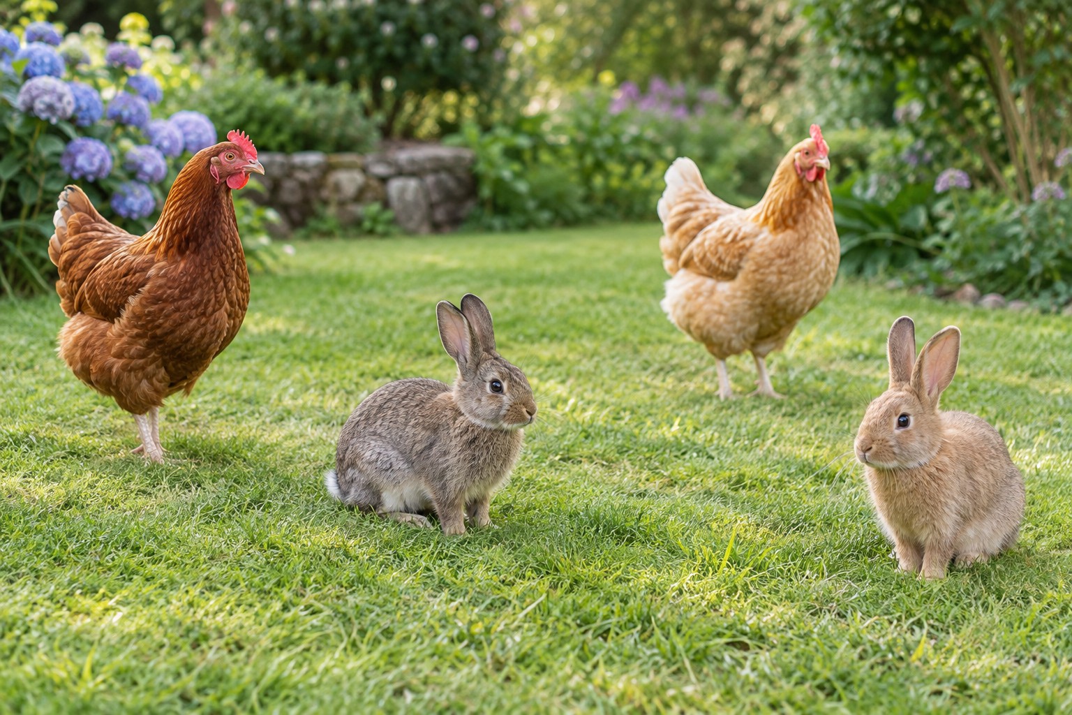 Hühner und Kaninchen auf einer grünen Wiese